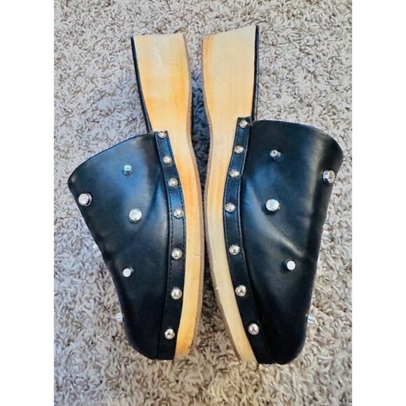 Black Studded Whimsigoth Punk Leather Slip-On Mules Wooden Platform Heel 8/8.5 - Picture 4 of 6